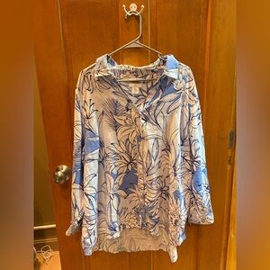 H Halston Plus Size 2X 100% Linen Long Sleeve Button Up Blue & White Printed Top